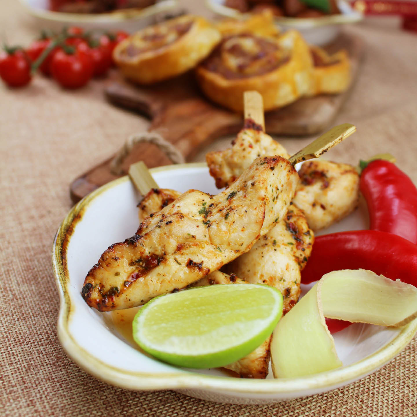 Mini ginger, chilli and lemon skewers